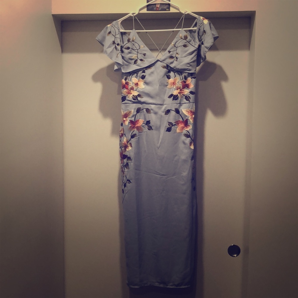 Embroidered Pencil Dress with cold shoulder
